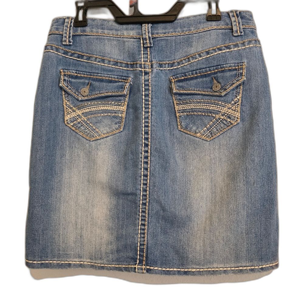 Vanilla Star Denim Blue Jean Skirt Thick Stitching Boho Western Distress Size 8